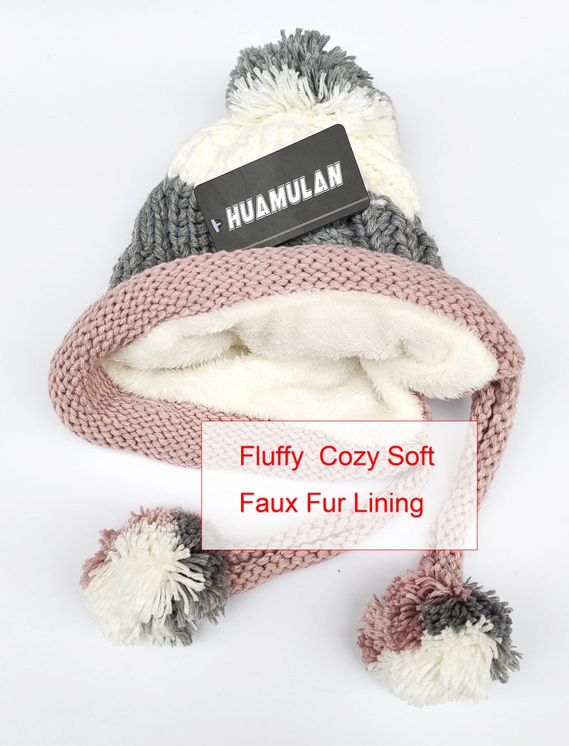 HUAMULAN Women Winter Sherpa Beanie Hats Knit Ear Flaps Peruvian Cover Ears Warm Fleece Lined Ski Snow Hat with 3 Pompom - Image 3